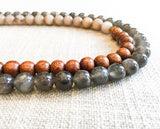 side view of gemstone bead necklace comprising grey moonstone, taupe quartz and exotic wood