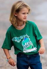 young boy wearing lake t-shirt with michigan mr. michi character