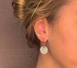 model wearing organic-shaped silver earrings