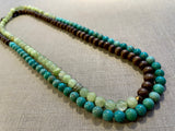 top view of gemstone bead necklace comprising green calcite, turquoise and brown exotic wood. 