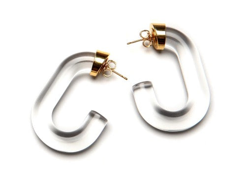 top view of resin earrings in clear and gold